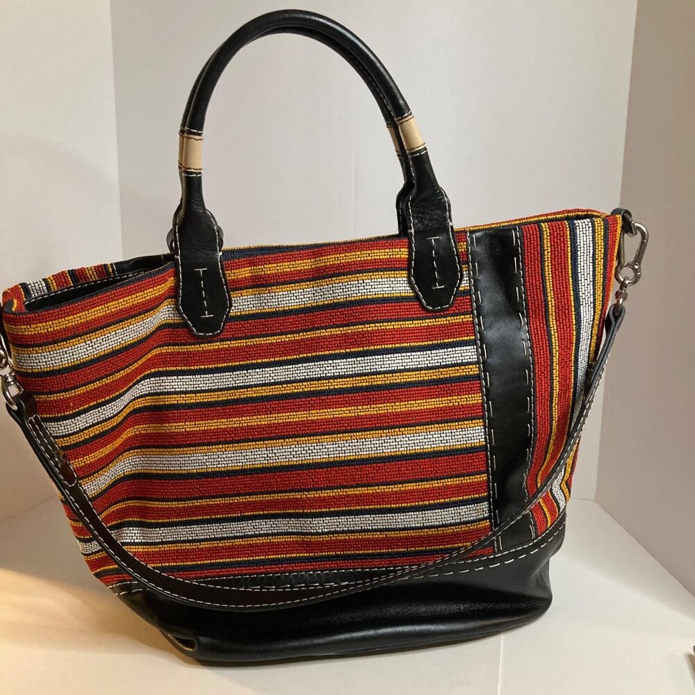 Womens OrYany Frisey Woven & Leather Trim Large Tote Bag Striped 12‎ x 17"